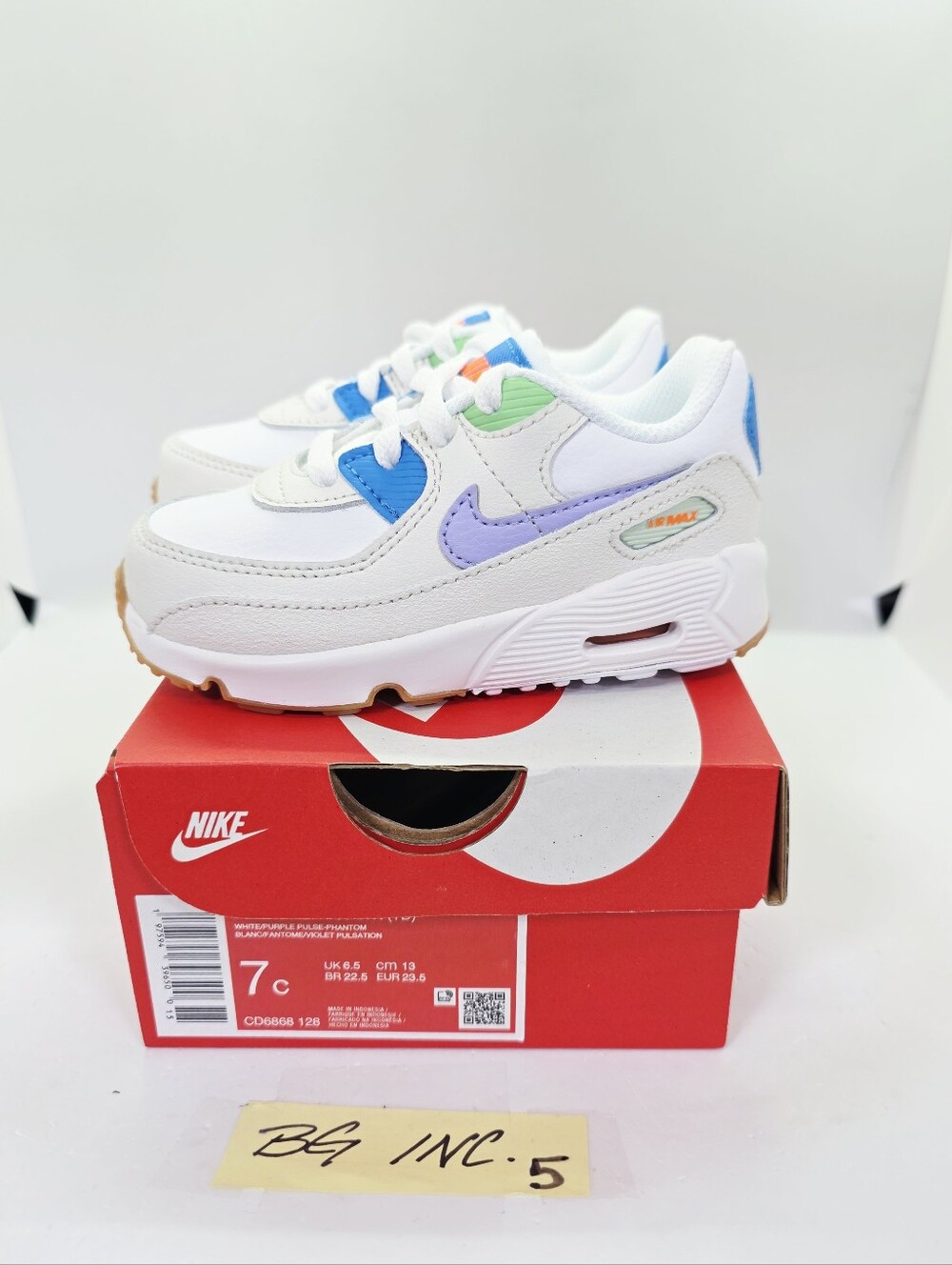 Nike Air Max 90 LTR (TD) Toddler size 7c White/Blue/Purple CD6868-128 NEW IN BOX
